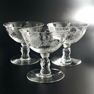 3 Heisey Rose Champagne Coupes 4.5" crystal vtg 1950s romantic vintage romance c